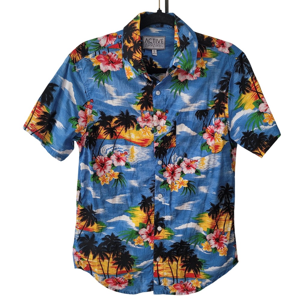 Active Apparel Mens Small Short Sleeve Hawaiian Shirt Blue Tropical‎ Hibiscus